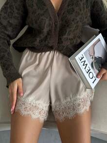 Boho Women's Lace Trim Satin Silk Shorts Shiny Elastic Waist Mini Shorts Pettipants Half Slip Shorts French Knickers Boyshorts For Dresses Full Coverage Underwear Lounge Pants - 藕粉色 - 查看 2