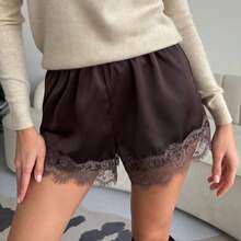 Boho Women's Lace Trim Satin Silk Shorts Shiny Elastic Waist Mini Shorts Pettipants Half Slip Shorts French Knickers Boyshorts For Dresses Full Coverage Underwear Lounge Pants - 巧克力棕 - 查看 6