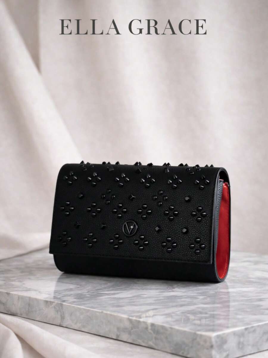 ELLA GRACE - Women's Rivet Chain Shoulder Bag, Mini Square Crossbody Bag, Fashionable Motorcycle Style Handbag, Sweet & Cool Party Bag - Black - View 1