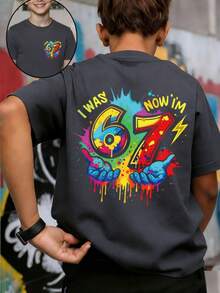 Tween Boy Colorful Paint "I WAS 6, NOW I'M 7" Creative 67 Print Tee, Suitable For Events, Casual Wear, Party, Birthday Gift For Boys, Birthday Party Celebration, Summer Top - Dark Grey - View 1