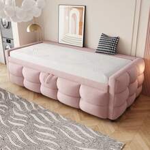 Upholstered Bed, Extendable Sofa Bed 90/180*190cm, Puff Bed, Teddy Velvet Fabric, Single Bed, Double Bed, With Slatted Frame, Multifunctional Bed, (Without Mattress) - Pink - View 6
