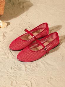 Giày búp bê Mary Jane đế mềm thoáng khí bằng lưới dành cho nữ, màu đỏ, nhẹ và thoải mái, mũi tròn khoét rỗng, kiểu dáng thường ngày. - Đỏ - Xem 19