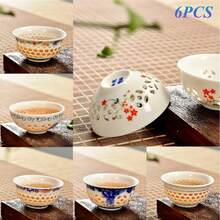6pcs Romantic Chinese Style Hollow Delicate Thin-Walled Blue And White Porcelain Tea Cups, Translucent Single Cup Ceramic Kung Fu Tea Set, Celadon Teacup, Individual Cup, Randomly Shipped - Multicolor - View 9