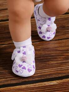 1 Pair White & Purple Heart Print Baby Walking Shoes Soft Sole First Walkers With Ball & Flower Decor Easy On/Off Hook & Loop Straps Breathable & Comfortable For Daily Indoor Outdoor Use - Purple - View 4
