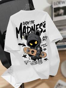 青少年男孩卡通印花圆领T恤 春夏Y2K风格男童休闲T恤 柔软上衣 - 白色 - 查看 3