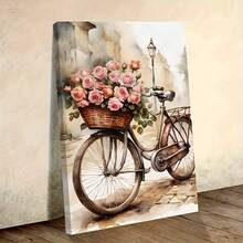 1Pc Wooden Frame Wrapped Canvas Painting, Retro Bicycles And Pink Roses, Modern Living Room And Bedroom Wall Decoration, Home And Office Wall Decoration, Perfect Gift And Home Decoration, Wrapped Canvas Painting, 2D Flat - 粉紅色 - 查看 1