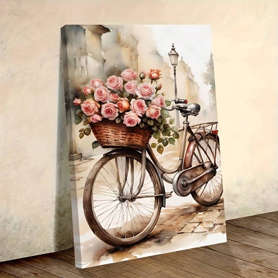 1Pc Wooden Frame Wrapped Canvas Painting, Retro Bicycles And Pink Roses, Modern Living Room And Bedroom Wall Decoration, Home And Office Wall Decoration, Perfect Gift And Home Decoration, Wrapped Canvas Painting, 2D Flat - 粉紅色 - 查看 1