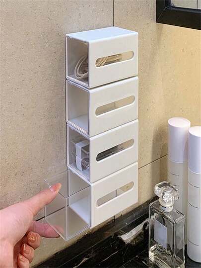 1/2/4pcs White Wall-Mounted Storage Box - Transparent Drawer Style Bathroom Cosmetic Jewelry Organizer