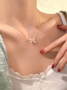 1件装精致简约蝴蝶结吊坠项链，女士款 - 金色 - 查看 7