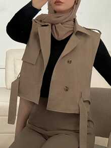 Livesso Lapel Neck Belted Vest Jacket - Khaki - View 6