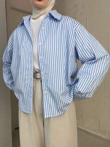 DAZY 宽松休闲条纹女式衬衫，长袖上衣秋季 - 藍色 - 查看 3