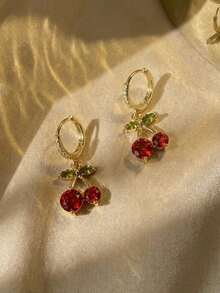 1pair Sweet Lovely Delicate Rhinestone Cherry Earrings, Suitable For Women - Multicolor - View 3