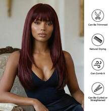 ROALYUV Wine Red Layered Long Straight Wig With Bangs, 24 Inch Natural Synthetic Hair Wig For Women, Heat Resistant Adjustable Cap, Easy To Style For Daily Wear Cosplay Party Dating - 酒紅色 - 查看 7