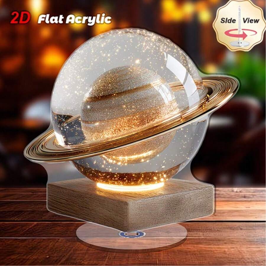 2D设计，1件装旋转亚克力玻璃桌面天文馆装饰品 - 旋转球体，带有土星图案，适用于家居/办公室装饰、室内/室外、复活节/新年装饰、天文展示，2D平面设计办公桌配件，办公用品