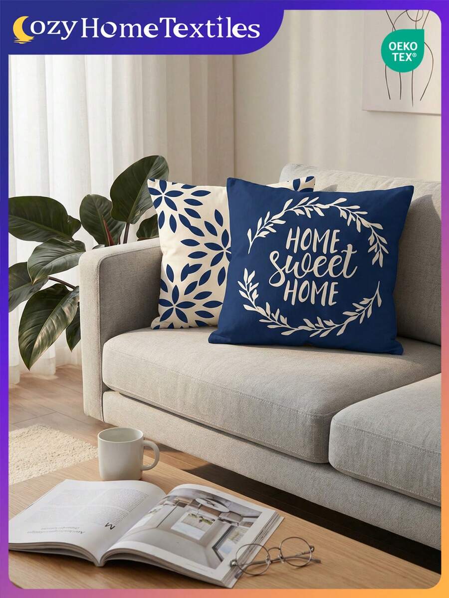 Conjunto de 2 capas de almofada com estampa de folhas em azul marinho. Tecido macio e respirável para sofá, cama, carro, decoração de casa, material escolar, casamentos. Lavável à máquina. Certificação OEKO-TEX.