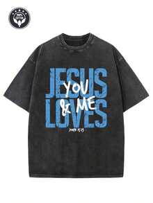 Men's And Women's Heavyweight 230g 100% Cotton Jesus Loves You T-Shirt - Vintage Christian Faith Bible Verse (John 15:12) Print, Blue Washed Street Style T-Shirt, Loose Casual Church Wear, Breathable Crew Neck Short Sleeve New Casual T-Shirts For Men And Women-HD07 - 黑色 - 查看 6
