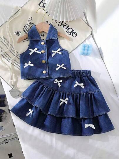 Conjunto informal y lindo para niñas pequeñas, blusa de mezclilla sin mangas con cuello y corbata + falda con volantes y moño