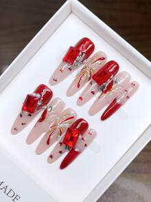 Handmade Wearable Nails; Thin High Heels Nail Shape Handmade Red Cat Eye French Draw Inlay Drill Nails; High Quality Simple Design Nails, Full Coverage Fake YK Nails, Unique Niche Creative Fake Nails, Daily Nails, Cute Modern Style Nails, Daily Use, Autumn And Winter Nails, Detachable Wear And Reuse, Suitable For Parties Andquets. - Multicolor - View 15