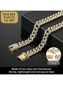 1Pc Dog Chain Collar Shiny Rhinestone Dog Necklace Hip Hop Style Dog Cuban Chain Gold Dog Necklace Big Chain Link Chain Cat Collar All Diamond Fashionable Pet Collar - Gold - View 7