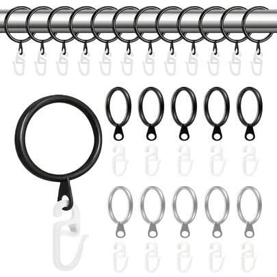 10Pcs/30Pcs/50Pcs Curtain Rings And Plastic Curtain Hooks, Metal Curtain Rings, Hanging Rings And Curtain Hooks, Suitable For Window Rod Rings, Bathroom Shower Rings (Inner Diameter 30mm/1.18 Inches) Black, Silver