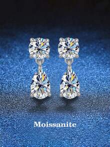 BLOVEMEE 2pcs Luxury 925 Sterling Silver Earrings Set With 4*6mm 2pcs Water Drop & 3.0mm 2pcs Round 0.7Carat X 2 Moissanite, Suitable For Women's Daily Wear, Party, Holiday, Valentine's Day, Mother's Day, Wedding Anniversary, Christmas, Birthday Jewelry Gift - EH0098M - View 5
