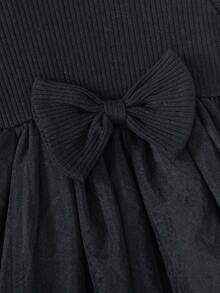 Baby Girls' Fashionable Casual Sweet Cute Bow Round Neck Cap Sleeve Mesh Dress, Summer - Black - View 6