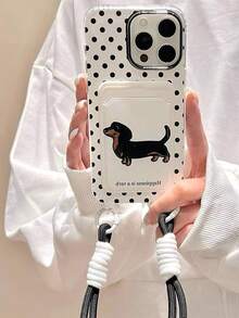 1pc Black & White Polka Dot Dachshund Dog Card Holder Shockproof Full Coverage Phone Case + Black & White Lanyard Compatible With IPhone11/12/13/14/15/16/17/PROMAX - Black and White - View 1