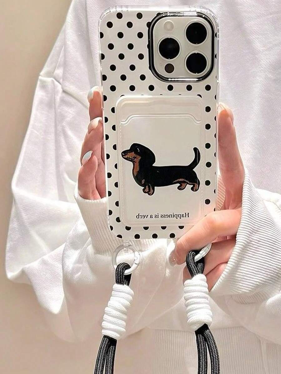 1pc Black & White Polka Dot Dachshund Dog Card Holder Shockproof Full Coverage Phone Case + Black & White Lanyard Compatible With IPhone11/12/13/14/15/16/17/PROMAX - Black and White - View 1