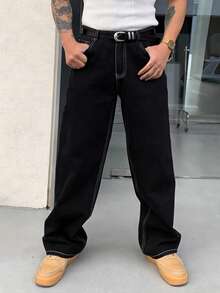 Men's Black Simple Straight-Leg Jeans, Loose Versatile Commuting Casual Pants, Streetwear Fashion Item For All Seasons - Black - View 3