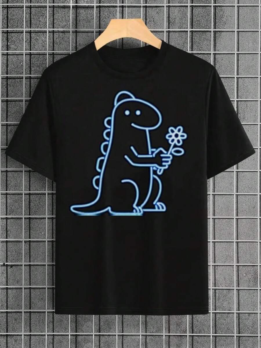 Men's And Women's T-Shirt, Unisex, Fashion Style, Dinosaur Print, Minimalist, Blue And Pink Border, Affordable, Stylish Men's And Women's Shirt - 100% Cotton, Promotion, Free Fast Shipping - 黑色 - 查看 1