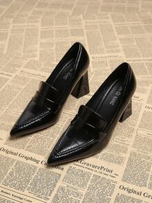 2026 Spring New Women's Shoes, Pointed Toe Fashion Elegant Retro Leather Pumps, Chunky Heel Hoof Heel Casual Commute Slimming Chic Black, Burgundy - Black - View 2