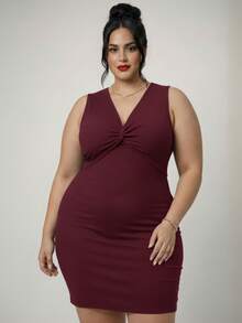 Elegant Plus Size Dress With V-Neck And Sleeveless - 紅木色 - 查看 1