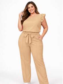 Elegant Plus Size Social Set In Dune Crepe, Casual Style With Drawstring Pockets, For Office Or Home. - Khaki - View 3