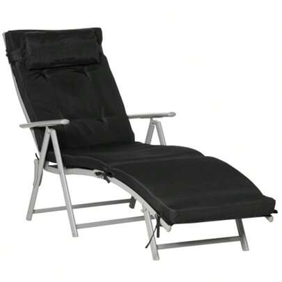Folding Beach Lounger, 7 Adjustable Positions, Weather-Resistant, With Cushion, Textileline, Polyester, Metal, 137 X 63.5 X 100.5 Cm, Black