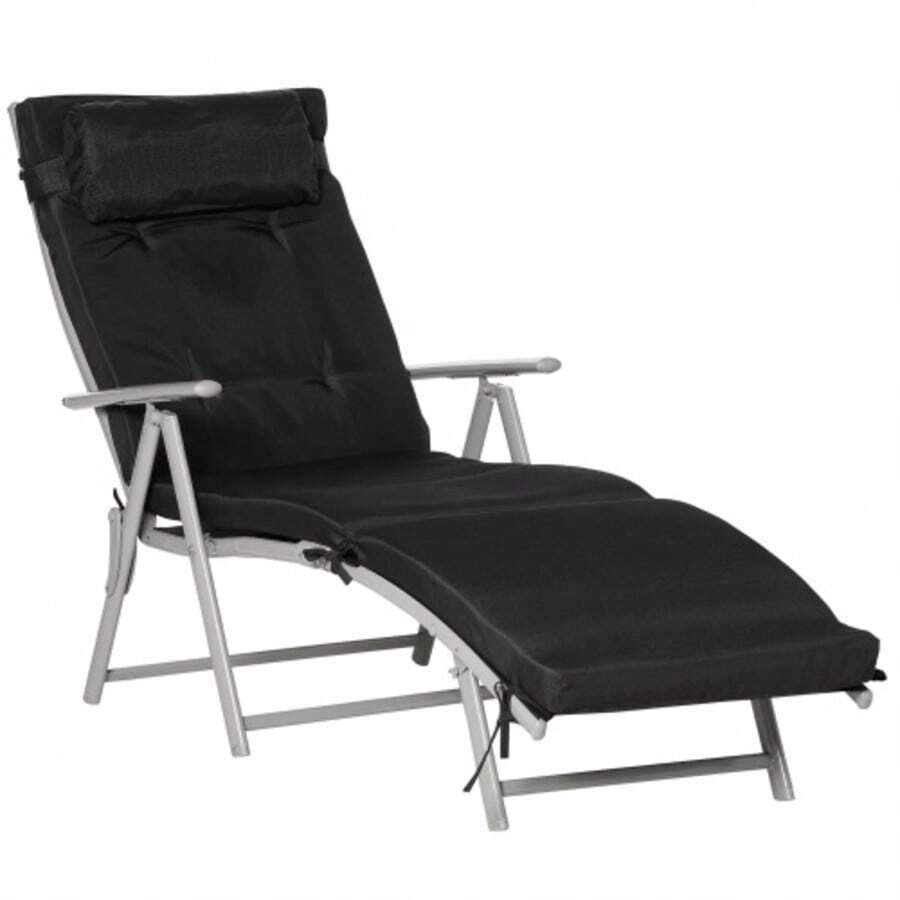 Folding Beach Lounger, 7 Adjustable Positions, Weather-Resistant, With Cushion, Textileline, Polyester, Metal, 137 X 63.5 X 100.5 Cm, Black - Black - View 1