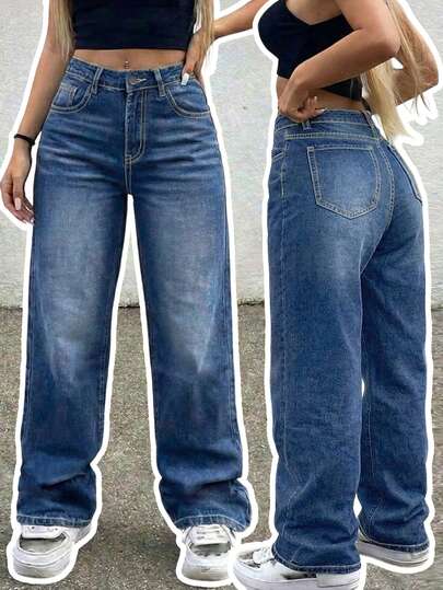 女士休闲加长阔腿牛仔裤，拉链闭合，无弹力面料，日常穿着舒适