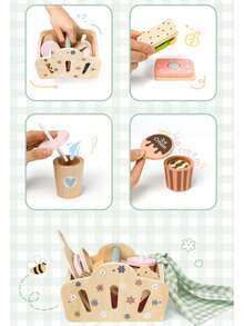 木制过家家面包糕点切割套装，儿童早教厨房玩具套装（带篮子），益智玩具 - 彩色 - 查看 7