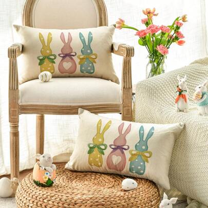 2件装复活节波点爱心彩色兔子枕套，12 x 20英寸蝴蝶结兔子靠垫套沙发装饰，单面图案，不含枕芯