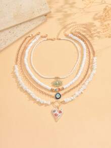 4pcs/Set White Turquoise Soft Clay Beaded Necklace, Fashion Pearl Eye Pendant Choker, Personalized Small Fish & Green Eye Pendant Jewelry, Suitable For Daily Wear And Travel, Adjustable Chain Length - Multicolor - View 2