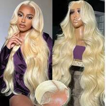 200% 高密度 13x6 13x4 5x5 高清透明蕾丝前假发，原生人发混纺，自然波浪卷，8-34 英寸 - 预先拔毛，无胶假发，带婴儿发，女士款，613，无需胶水，即戴即用 - 613 - 查看 6