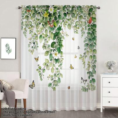 1 pezzo Decorazione appesa 2D con foglie verdi, farfalle e piccoli fiori, stile fresco e curativo, design a palo, in materiale di poliestere, adatto per case in affitto, soggiorno, camera da letto, balcone, tenda rimovibile e lavabile per piccole finestre