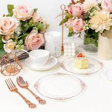 102PCS Rose Gold Plastic Plates - Clear Rose Gold Plate - Heavy Duty Disposable Plates - Fancy Disposable Dinner & Dessert Plate For 51 Guests For Party & Wedding & Valentines - 清玫瑰 - 查看 9