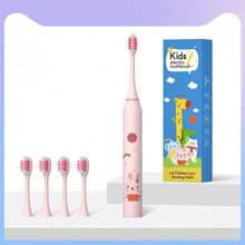 Cepillo de dientes eléctrico infantil con cabezal de repuesto, ultrasónico, IPX7 impermeable y recargable, con diseño de dibujos animados para niños - Rosa - Ver 1