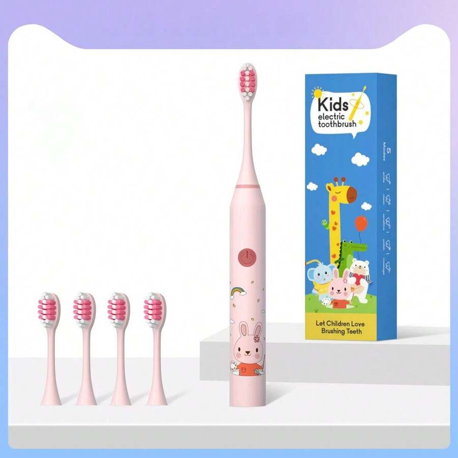 Cepillo de dientes eléctrico infantil con cabezal de repuesto, ultrasónico, IPX7 impermeable y recargable, con diseño de dibujos animados para niños - Rosa - Ver 1