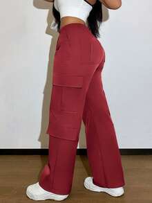 酒红色多口袋纽扣休闲Y2K风格优雅可爱轻便工装裤，适合返校、毕业典礼、俱乐部、生日派对、万圣节、感恩节、音乐会、健身房、海滩、办公室、日常穿着、户外、运动、机场、街头、教师节、春季、夏季、秋季、冬季等场合。 - 酒紅色 - 查看 10