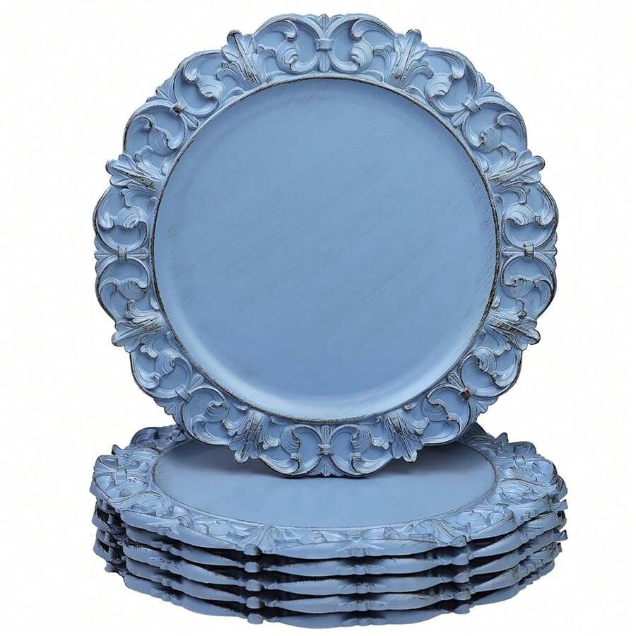 13\ Antique Blue Charger Plates, Set Of 6 Plastic Textured Chargers For Dinner Plates With Embossed Rim, Table Décor, Party, Wedding, Holiday - FD04BL - View 1