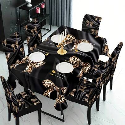 1/4/5/6/7/36件装时尚简约黑色豹纹蝴蝶结图案椅套/座套套装，适用于室内家居、餐厅、酒店，是现代日常装饰的理想之选。桌布适用于方形餐桌，弹性椅套可水洗。