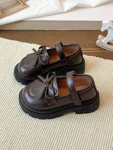 女童平底魔术贴休闲鞋，舒适英伦风圆头鞋 - 棕色 - 查看 4