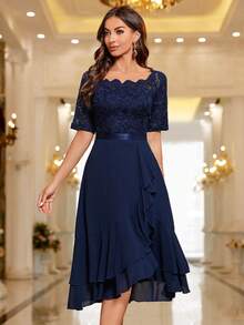 MIUSOL Floral Lace Patchwork Ruffle Hem Cocktail Party Dress Wedding Spring - Navy Blue - View 5