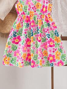 Vestido con estampado floral y cuello cuadrado para niñas, diseño alegre y elegante, adecuado para uso diario, fiestas o festivales, cómodo y de moda - Multicolor - Ver 7